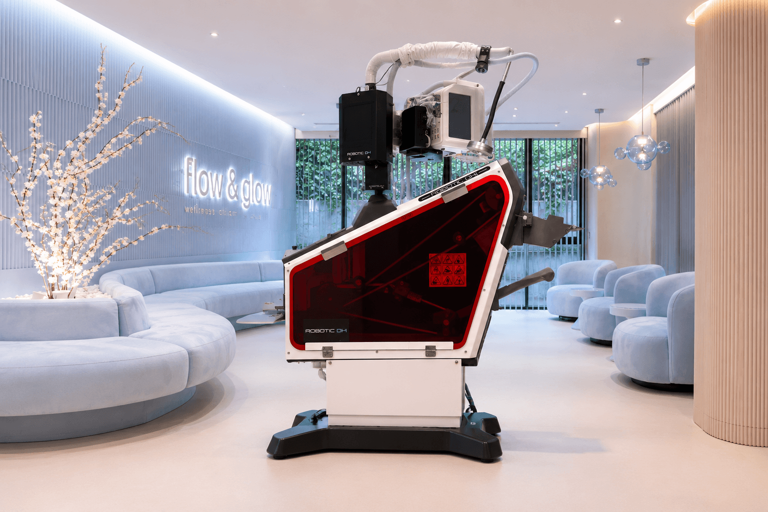 Advanced Robotic DHI hair transplantation device with articulated arms in Lütfi Keçici's modern minimalist clinic.